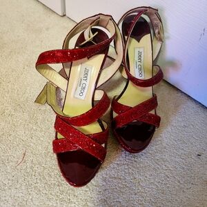 Jimmy Choo Red Glitter Sandal Pumps